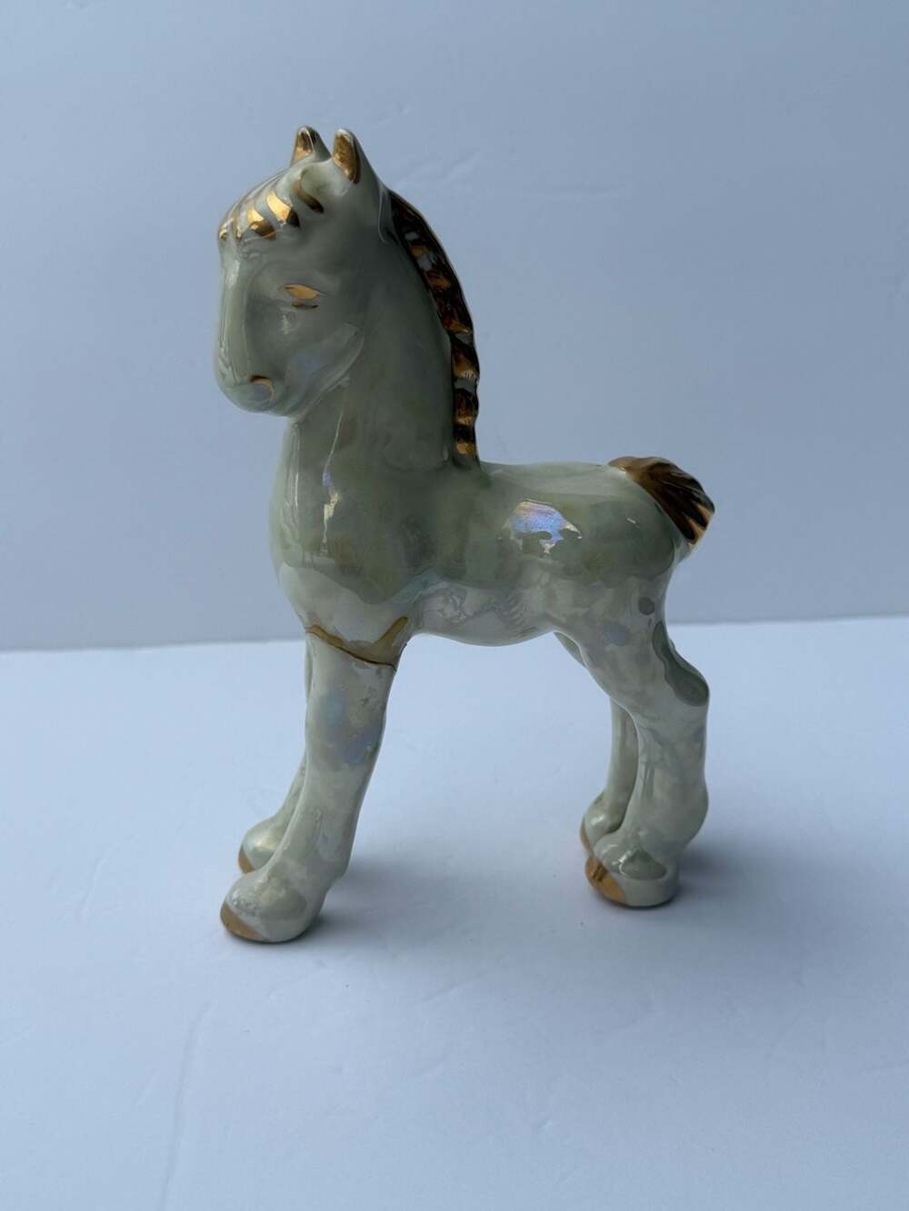 Vintage Porcelier Ceramic Iridescent Horse Foal Figurine with Gold Accents